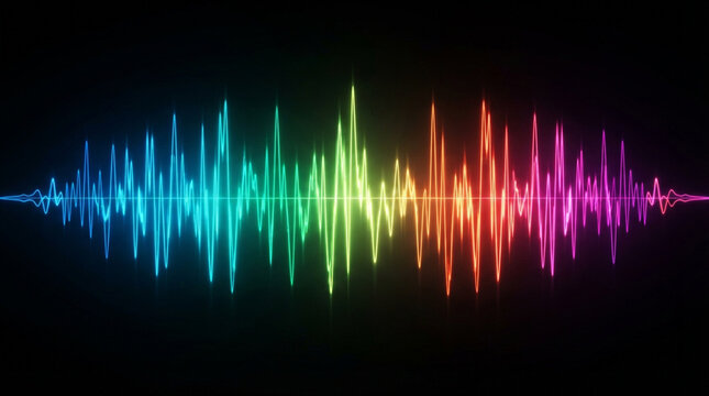 Abstract sound waveform visualization with glowing rainbow audio spectrum lines