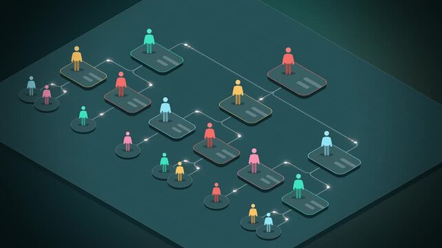 Isometric org chart of pictogram people on linked tiles seamless loop