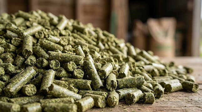 A close-up view of a large pile of green alfalfa pellet feed for livestock and horses stored inside a barn