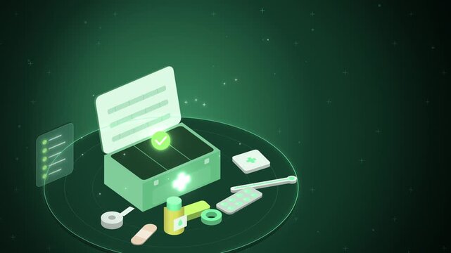 Isometric first aid kit with supplies and green check badge