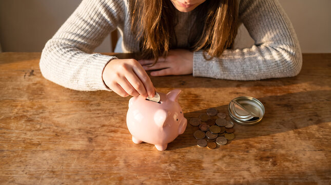 Woman dropping a coin into a pink ceramic piggy bank on a rustic wooden table with a pile of coins and tin lid in warm sunlight for saving money and financial planning