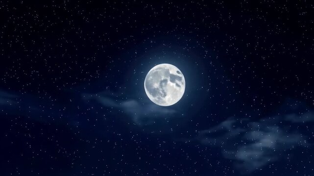 Full moon glowing among drifting clouds and countless stars in a deep blue night sky, peaceful celestial animation with atmospheric movement and natural lunar detail