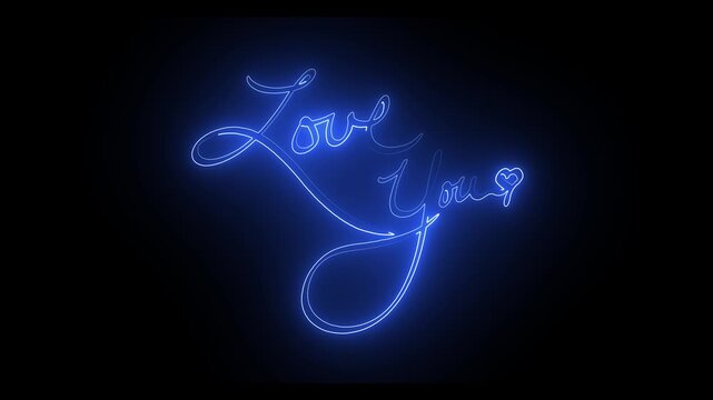 Glowing blue neon "love you" script animation with heart symbol on black background, typography