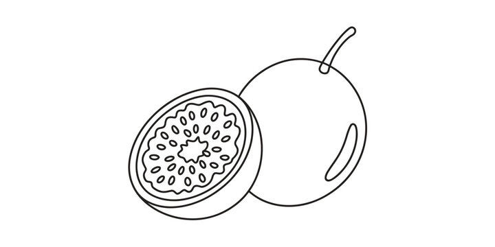 Fresh passion fruit whole and half line drawing illustration