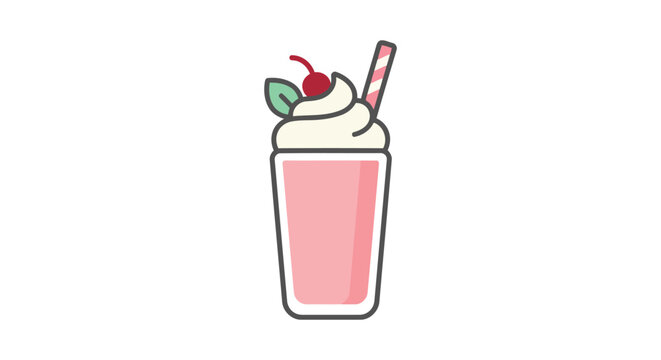 Strawberry milkshake in a glass with whipped cream and cherry on white background