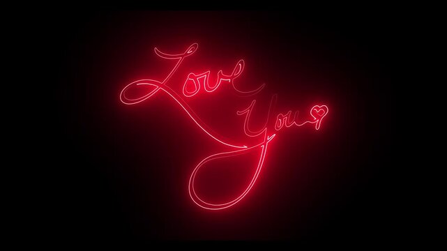 Red neon "love you" script sign animation with glowing heart symbol on black background