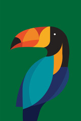 Fototapeta premium Vibrant flat vector illustration of a toucan bird with a colorful large beak, minimalist geometric design, and rich green background for creative modern projects.