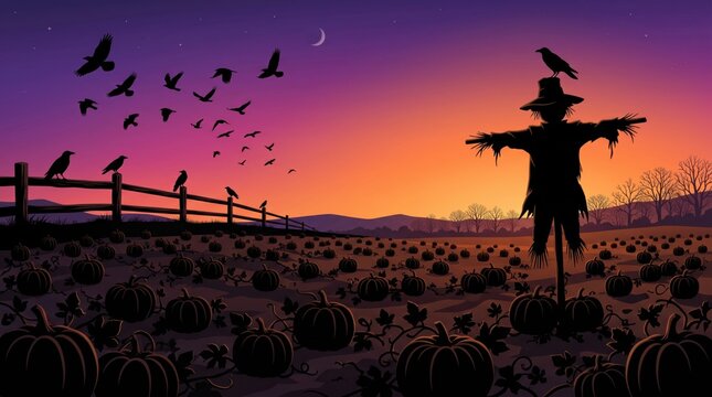 Scarecrow in a pumpkin patch. Crows flying across a sunset sky. Halloween illustration vector