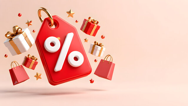 Red 3D sale price tag with percent sign surrounded by gift boxes, shopping bags and stars on pink background, holiday discount promotion banner