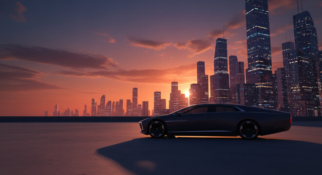 Sleek futuristic electric car parked on a rooftop overlooking a sprawling cityscape at sunset with dramatic orange clouds and illuminated skyscrapers