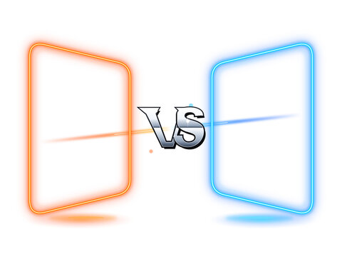A metallic versus logo sign with glowing orange and blue neon frames presented as an isolated on transparent background