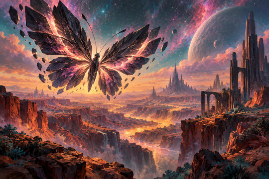 A butterfly made of black monoliths emerges above a quiet amber canyon beneath distant stars. A fantasy sci-fi digital painting with expressive brushwork, atmospheric light and a surreal alien world.