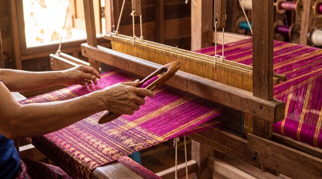 Weaver Throwing Shuttle on Traditional Wooden Handloom