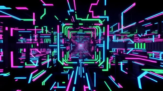 Abstract neon digital tunnel animation with camera flying through colorful geometric light patterns and glowing futuristic corridor in a vibrant cyberpunk environment