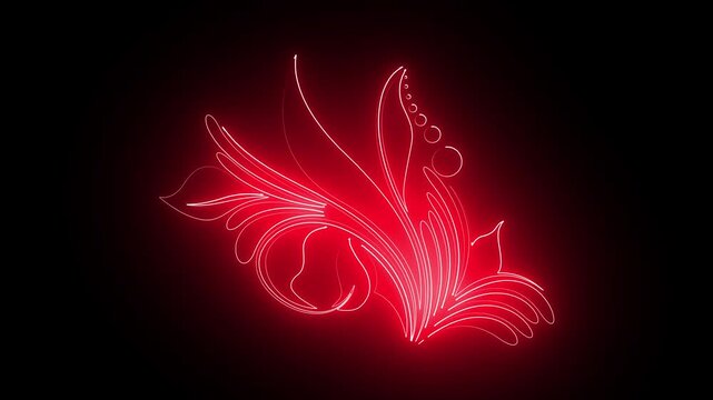 Glowing red neon floral ornament animation, abstract botanical line on black background, for motion and, vj loops