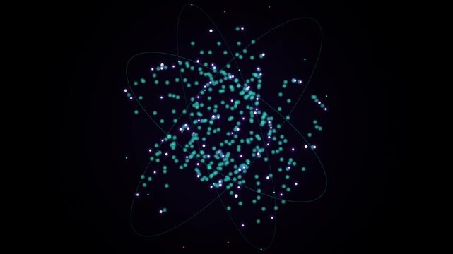 Abstract digital atom structure with glowing particles and orbital rings on a dark background, representing science, technology, and quantum physics concepts