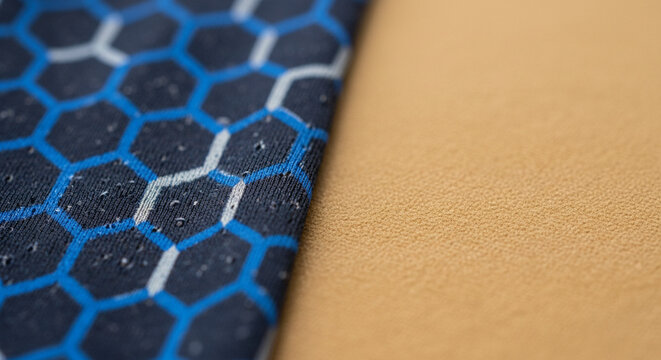 Close up of blue and white hexagonal pattern fabric with water droplets next to a textured tan surface