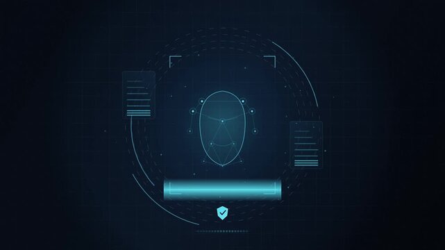 Biometric facial recognition system scanning human face on dark hud