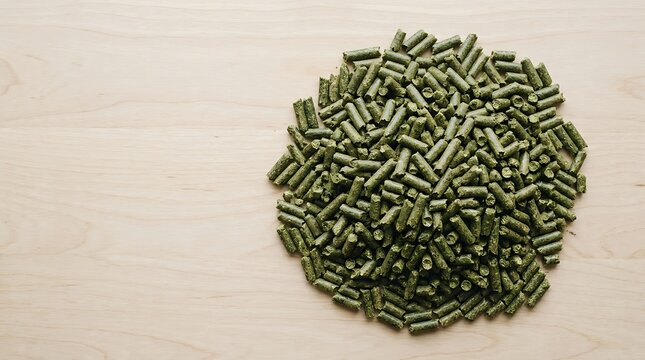 A detailed pile of green alfalfa pellet on a light wooden surface viewed from above as a healthy animal feed concept