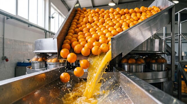 Fresh Oranges Tumbling Into Industrial Juice Extractor