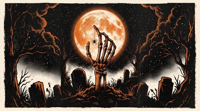 Skeleton hand emerging from graveyard under a glowing full moon. Spooky Halloween illustration with vintage halftone texture. Night scene with creepy trees and hanging spider
