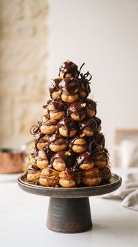 Chocolate Profiterole Tower with Glossy Sauce, Dramatic Vertical Composition