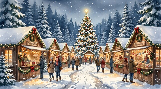 Beautiful christmas market scene with a large decorated tree, wooden stalls, shoppers, and glowing lights in a snowy winter forest setting