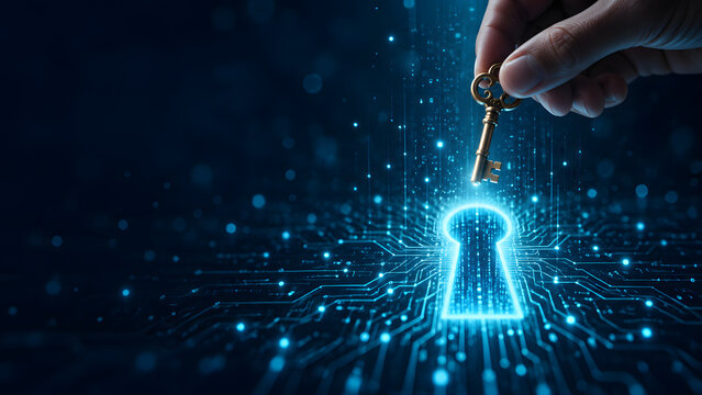 Hand holding golden key above glowing blue keyhole on digital circuit background symbolizing data access and cybersecurity