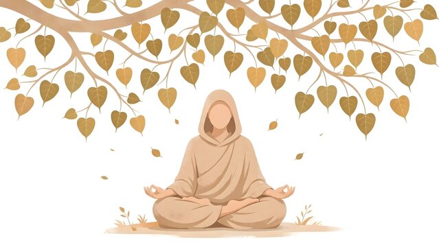 Buddhist Meditation Faceless Figure Meditating Full Lotus Position Bodhi Tree Zenith Enlightenment Zen Mind Mindful Practice Studio Shot White Background