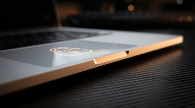 Closeup of a silver aluminum laptop trackpad with a glowing padlock icon on a carbon fiber desk with warm sunset light and blurred bokeh background for data security