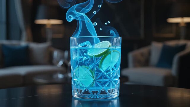 Glowing bioluminescent blue cocktail with floating lime slices in a crystal glass
