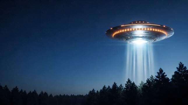 Metallic UFO with glowing orange lights projects bright beams onto dark pine forest under clear starry night sky.