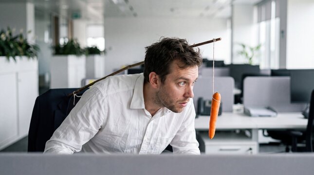 Carrot Dangling on Stick in Front of Office Worker Incentive