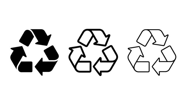 Three recycle symbol styles with arrows in black outline and solid