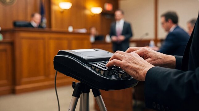 Court Stenographer Typing on Stenotype Machine During Hearing