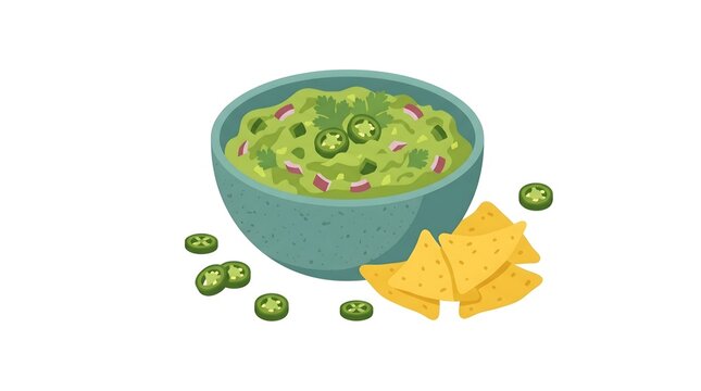 Mexican Guacamole Dip with Nachos and Jalapenos Illustration