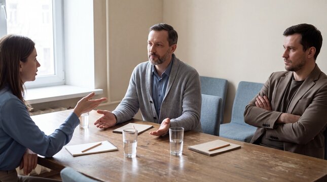 Mediator Helping Two Parties Resolve Dispute at Table