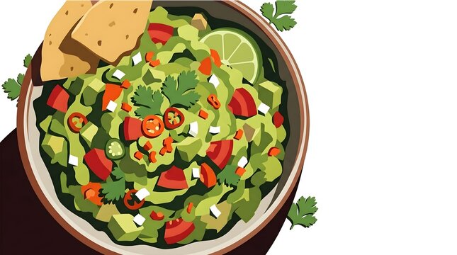 Fresh Guacamole Dip Bowl with Tortilla Chips Vector Illustration