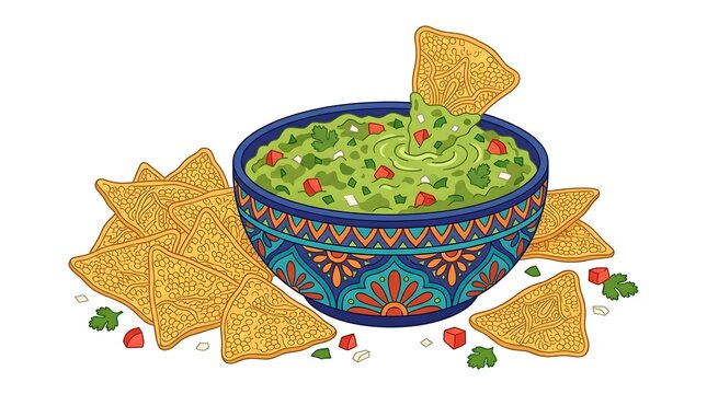 Mexican Guacamole Dip with Nacho Chips in Decorative Bowl Illustration