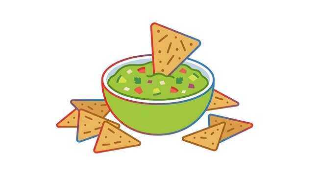 Guacamole dip bowl with crispy nacho corn chips illustration