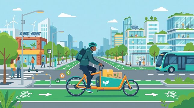 Modern Electric Delivery Bike Courier Navigating Smart City Street for Sustainable Logistics