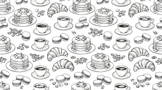 Sweet breakfast pancakes with croissants coffee cups and macarons seamless pattern background sketch vector illustration