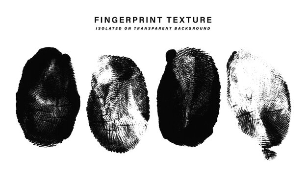 Black ink fingerprint textures isolated on a transparent background
