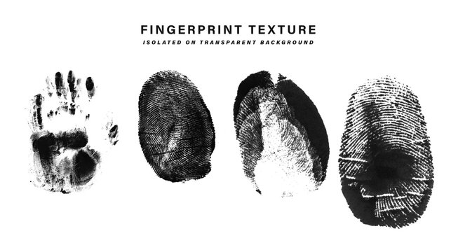 Black fingerprint texture set, ink thumbprint and handprint stamp vector elements, forensic identity background icons for graphic design