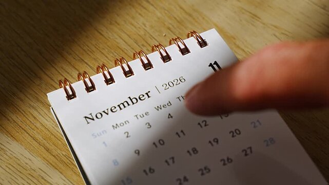 Finger pointing at the November heading on a small desk calendar for 2026, tight close up of the spiral bound page in warm sunlight on a wooden desk, concept of current month, monthly focus and autum