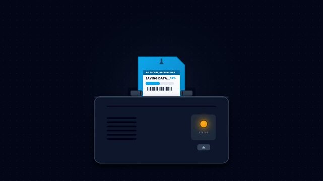Blue disk icon loading data into drive on dark background