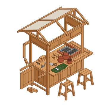 Isometric wooden market stall with cooking implements