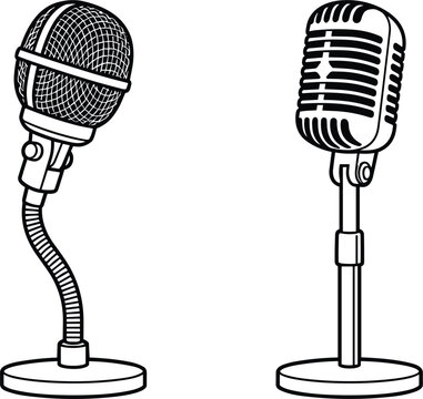 Vintage desktop studio microphones collection retro broadcast mic on stands sketch vector illustration isolated on white background