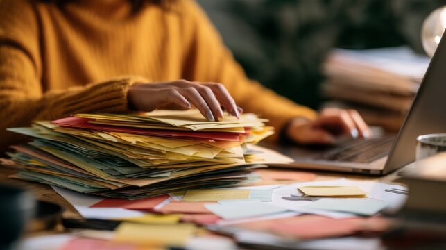 Woman in mustard sweater organizing colorful paperwork at desk while using laptop, productive home office workspace, busy work environment, remote work, office organization and business productivity c