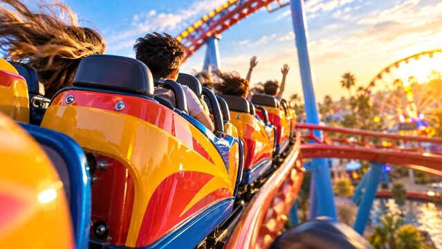 Colorful roller coaster train climbing elevated track at amusement park. Thrill ride attraction and theme park entertainment. Amusement park outing, leisure activity and vacation fun.
